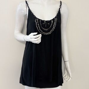 Vintage Petticoat Alley Black Tunic Tank Top Braided Silver Chain Straps Crochet